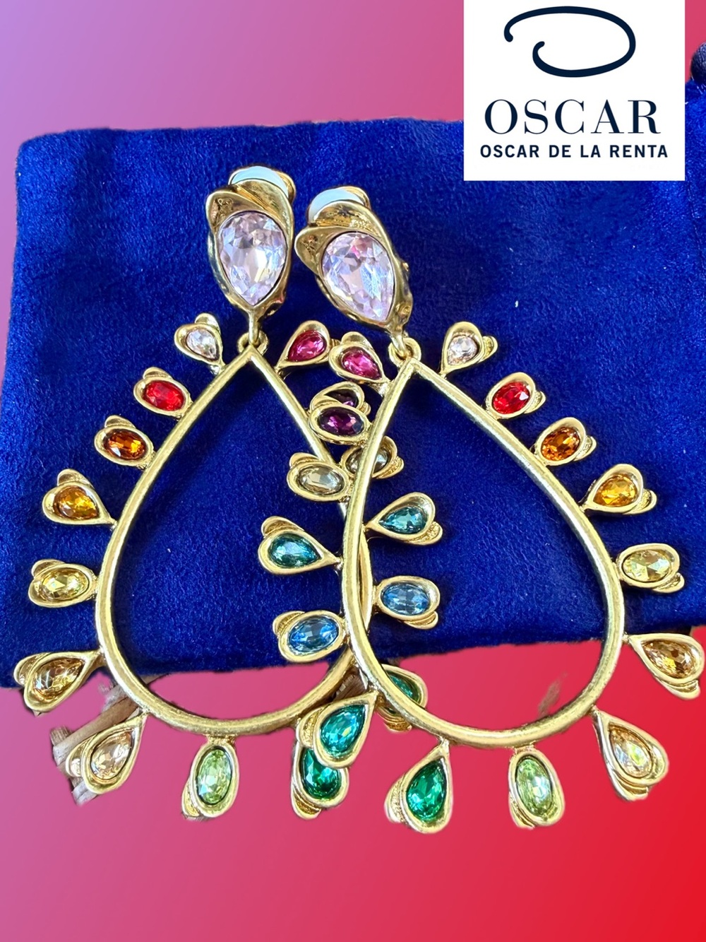 Oscar de la Renta MULTICOLORED GOLD Teardrop Hoop Earrings ⭐️ CLIP ON🩵💚💛🧡❤️🩷 - Picture 12 of 16